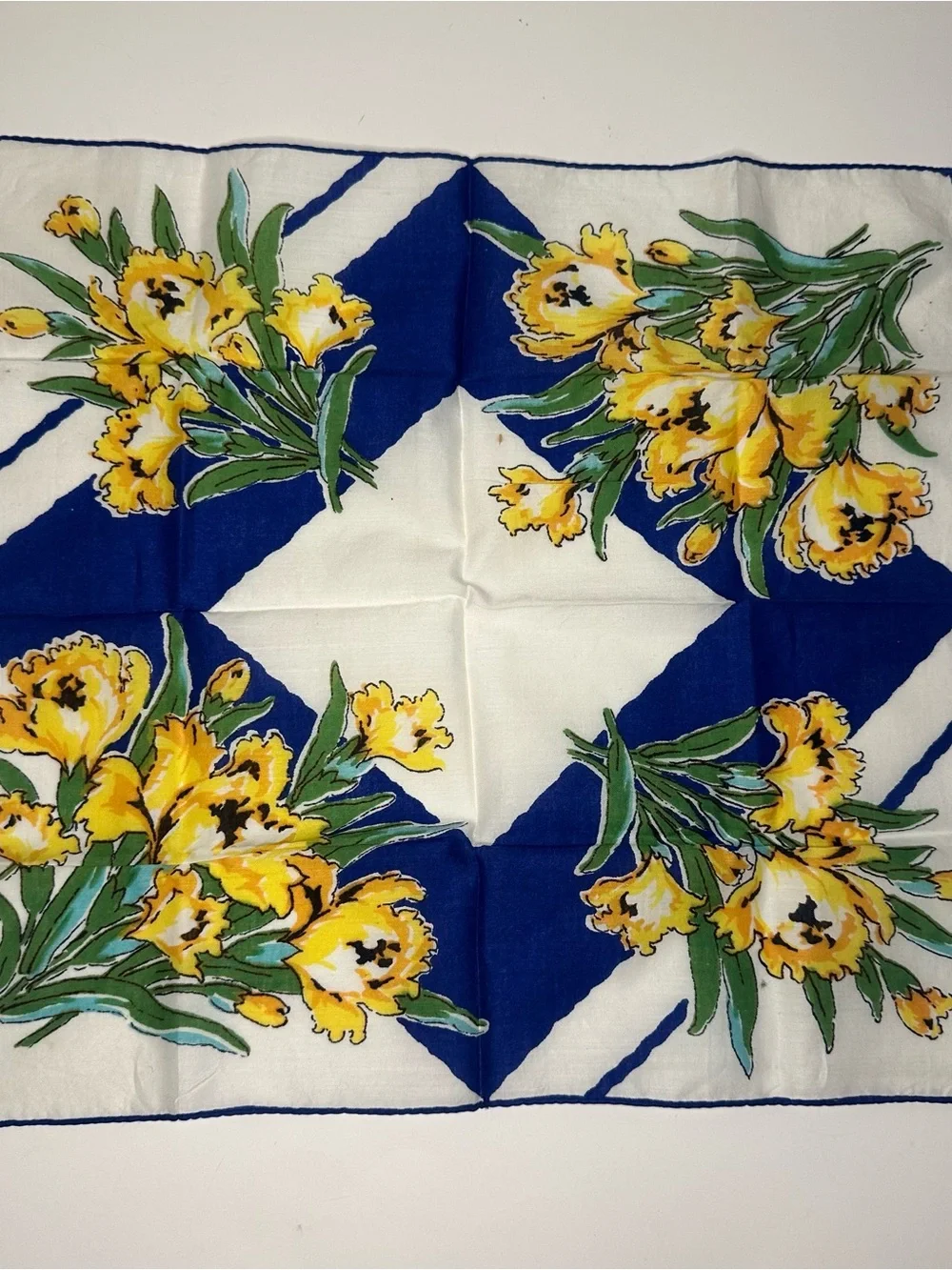 Vintage Womens Handkerchief Yellow Tulip Flowers Blue Border Edge 14in Hankie